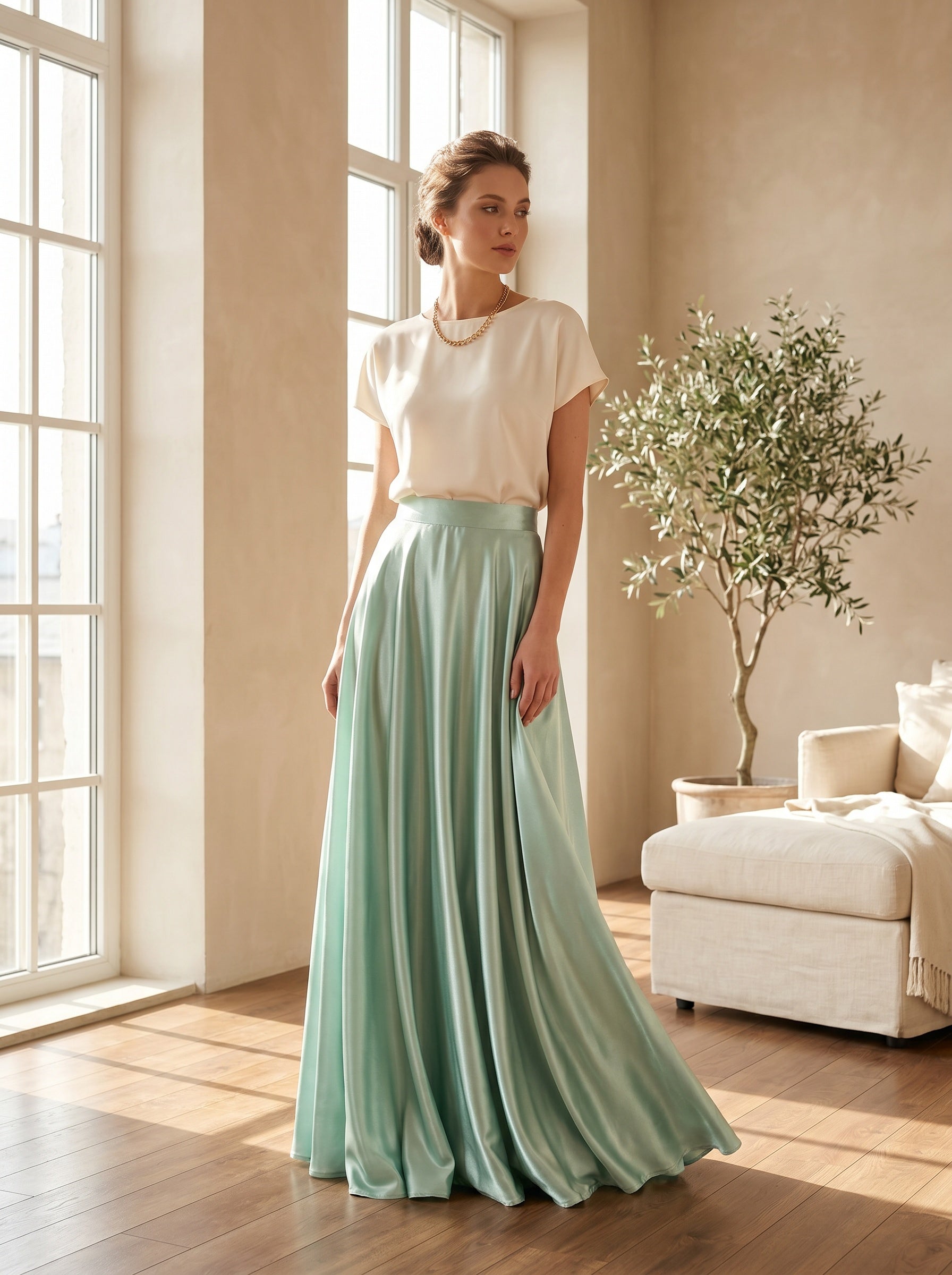 Champagne Satin Maxi Skirt – High-Waisted A-Line with Flowy Hem