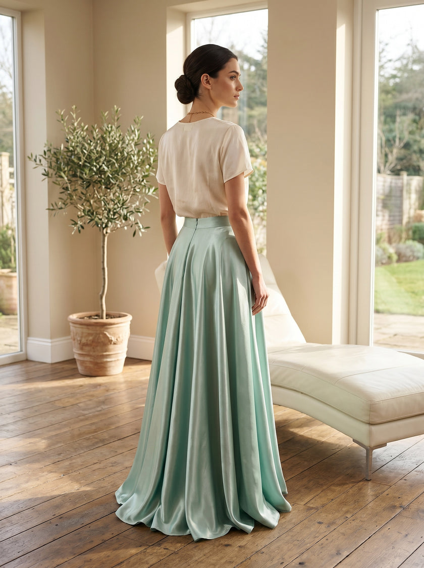 Champagne Satin Maxi Skirt – High-Waisted A-Line with Flowy Hem