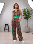 Leopard Print Two-Piece Set with Green Side Stripes – Crop Top & Wide-Leg Pants