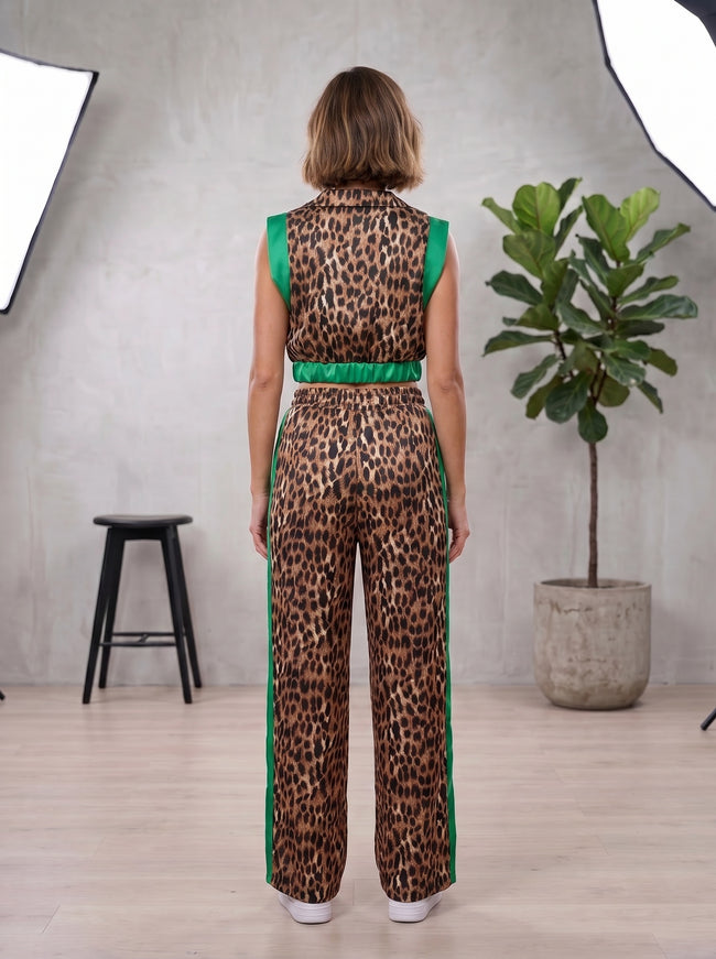 Leopard Print Two-Piece Set with Green Side Stripes – Crop Top & Wide-Leg Pants