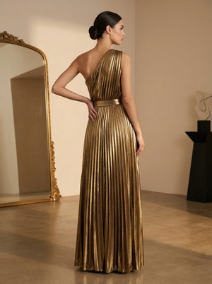 Gold & Silver Metallic Pleated One-Shoulder Maxi Dress | Goddess Evening Gown with Belt