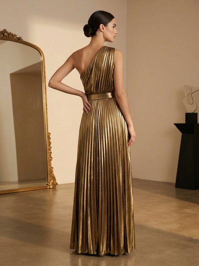 Gold & Silver Metallic Pleated One-Shoulder Maxi Dress | Goddess Evening Gown with Belt