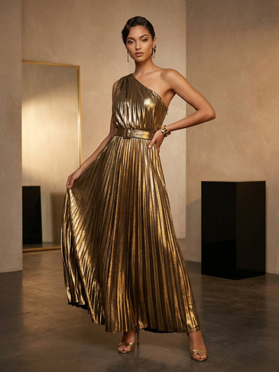 Gold & Silver Metallic Pleated One-Shoulder Maxi Dress | Goddess Evening Gown with Belt