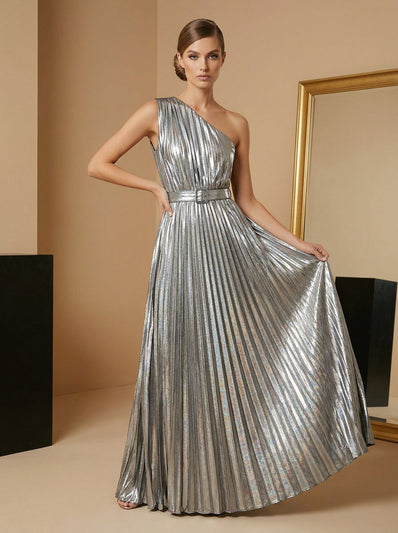 Gold & Silver Metallic Pleated One-Shoulder Maxi Dress | Goddess Evening Gown with Belt