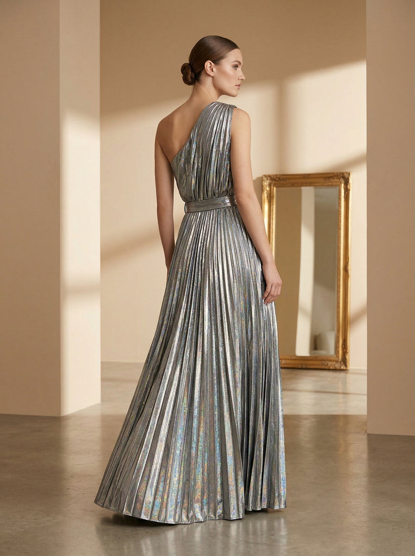Gold & Silver Metallic Pleated One-Shoulder Maxi Dress | Goddess Evening Gown with Belt