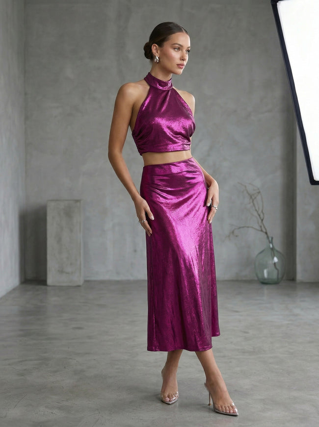 Fuchsia Metallic Halter Crop Top & Midi Skirt Co-ord Set | Luxury Evening Two-Piece