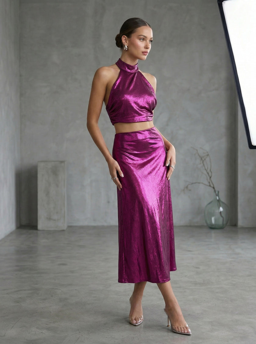 Fuchsia Metallic Halter Crop Top & Midi Skirt Co-ord Set | Luxury Evening Two-Piece