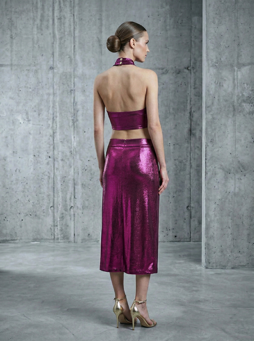 Fuchsia Metallic Halter Crop Top & Midi Skirt Co-ord Set | Luxury Evening Two-Piece