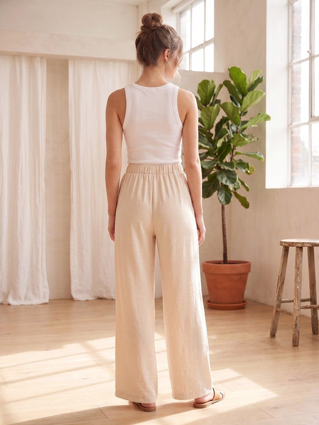 Wide-Leg Flowy Pants in Beige – Elastic High Waist
