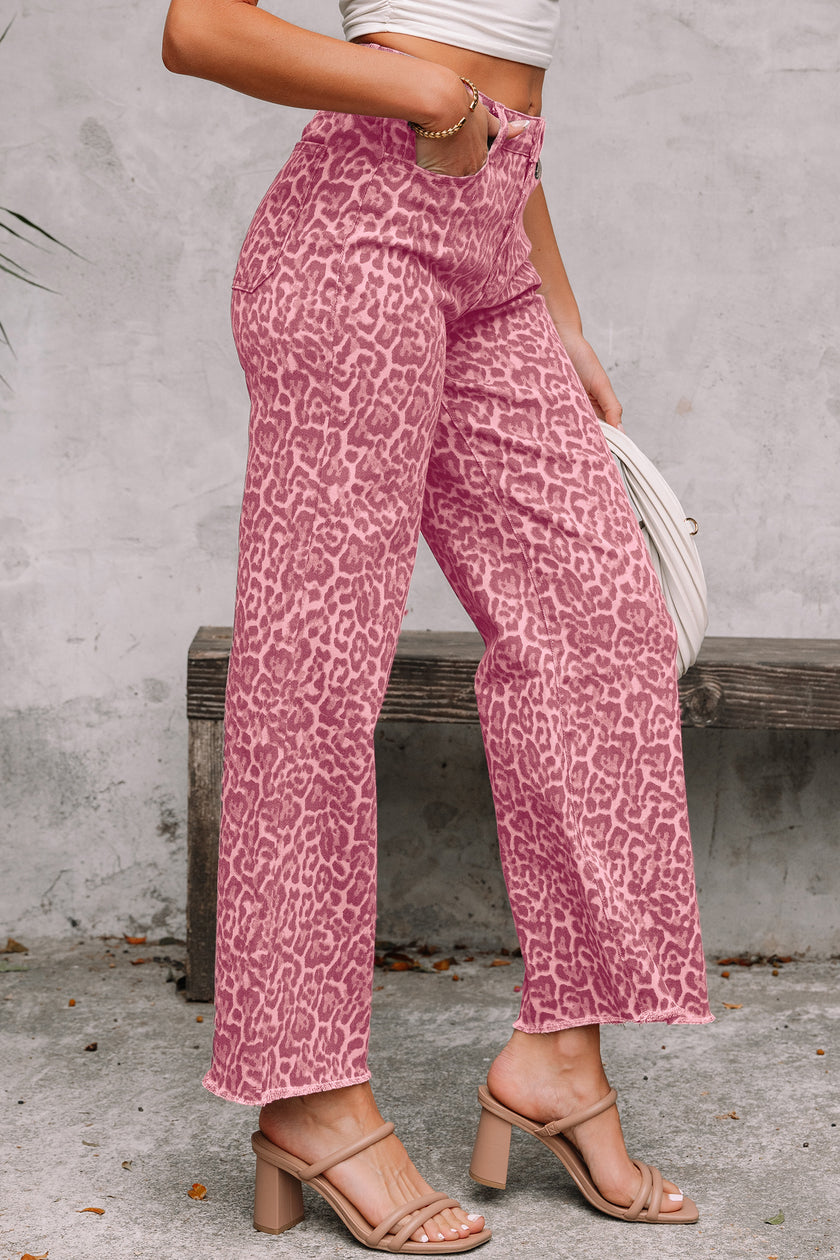 Brown Leopard Frayed Edge Wide Leg High Waist Jeans