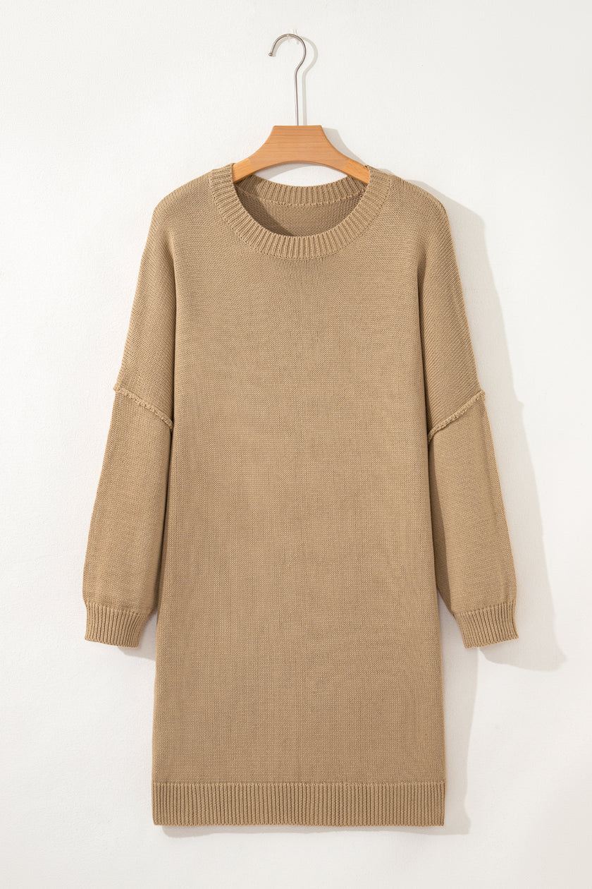 Pale Khaki Exposed Seam Drop Shoulder Oversize Sweater Mini Dress
