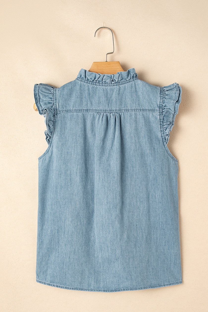Beau Blue Frilly Ruffle Trim V Neck Chambray Tank Top