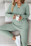 Racing Red Ribbed Notched Neck Knit Long Sleeve Leggings Two Pieces Lounge Set