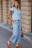 Apricot Textured Ruffled Sleeve Zipped Top and Wide Leg Pants Set