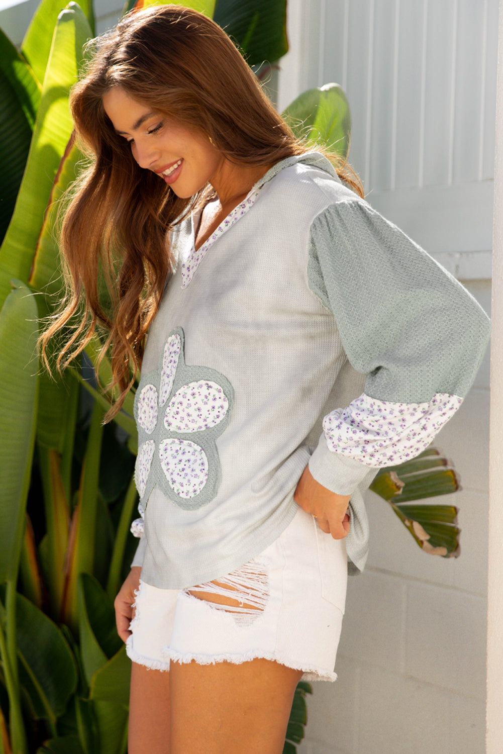 Green Floral Patched Waffle Textured Colorblock V Neck Casual Hooded Top