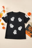 Black Glitter Ghost Pattern Crew Neck Halloween T Shirt