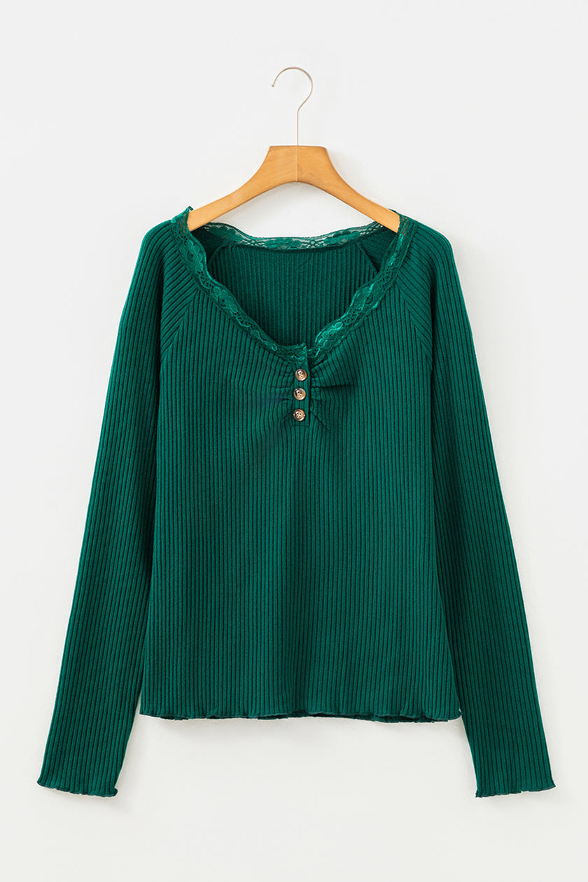 Black Lace Neckline Button Decor Lettuce Edge Long Sleeve Ribbed Top