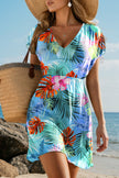Rose Floral Print V Neck Semi Sheer Beach Cover Up Dress
