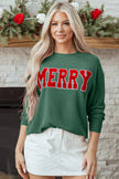 Blackish Green Twisted Rib Outlined Merry Letter Graphic Loose Long Sleeve Top