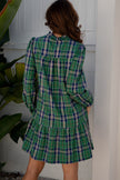 Red Plaid Print Frilly Collar Long Sleeve Shift Mini Dress