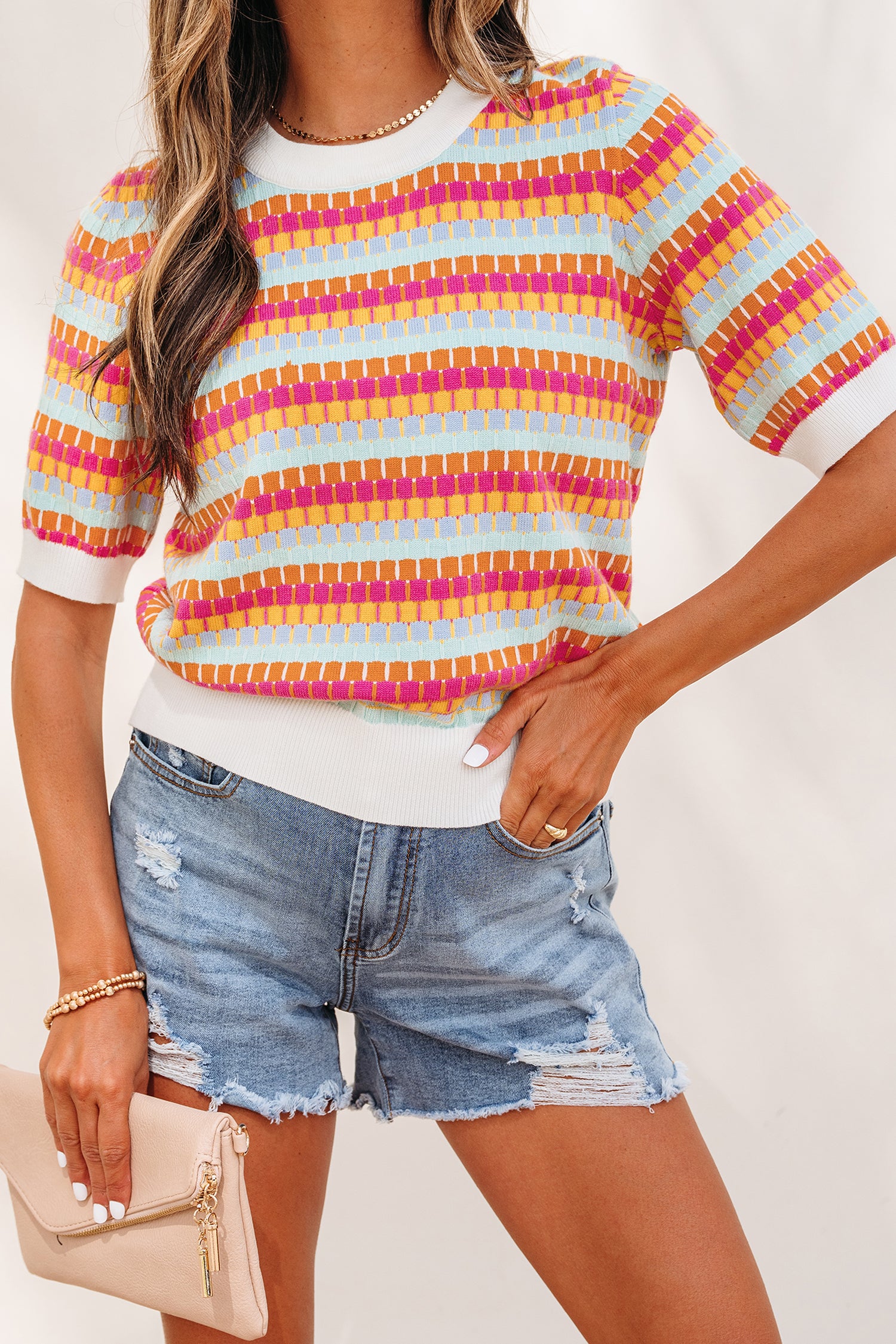 Purple Abstract Striped Knit Short Sleeve Sweater