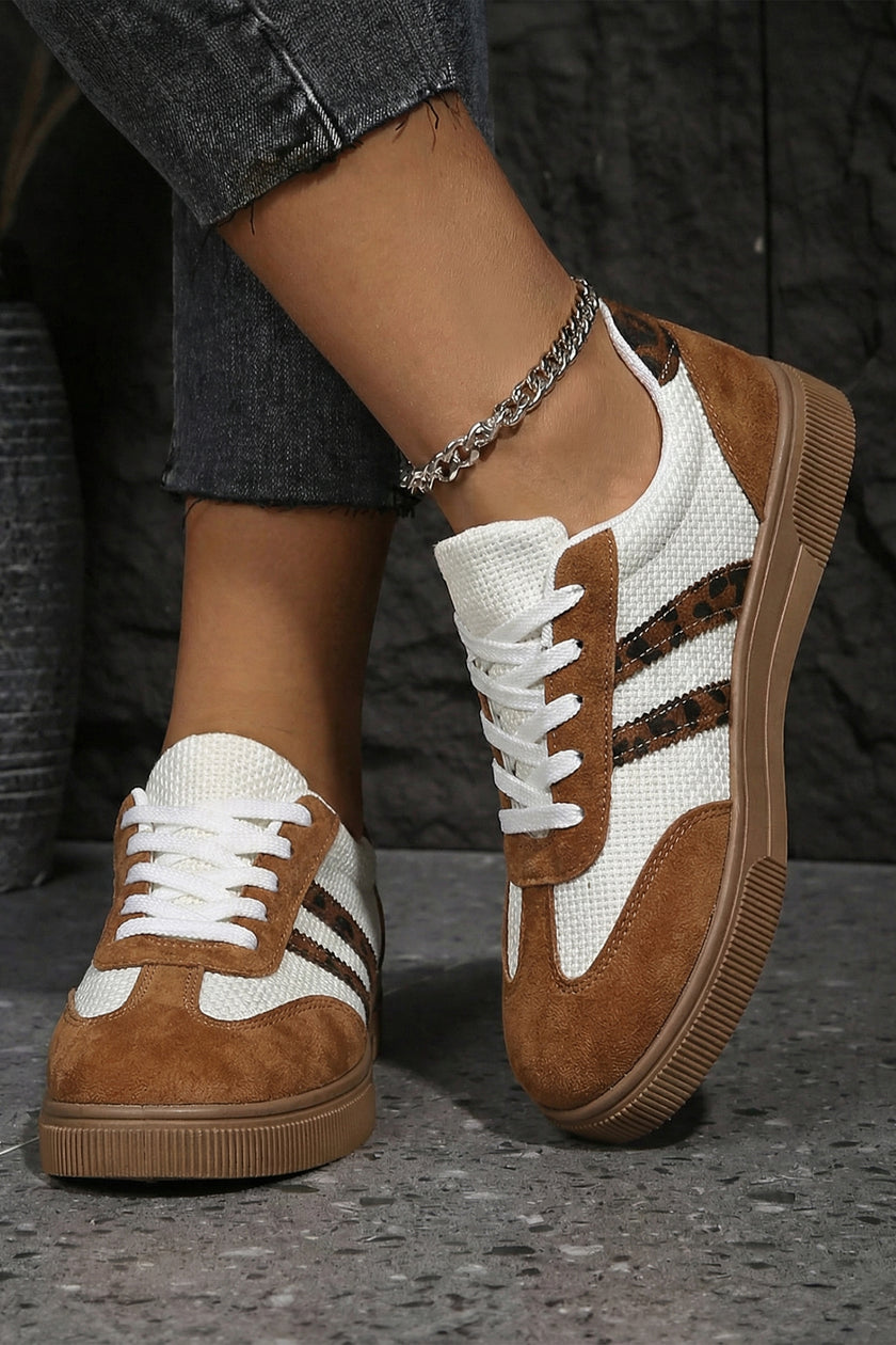 White Textured Woven PU Leather Leopard Patchwork Flat Sneakers