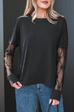 Black Solid Color Bow Textured Patchwork Long Sleeve Tee