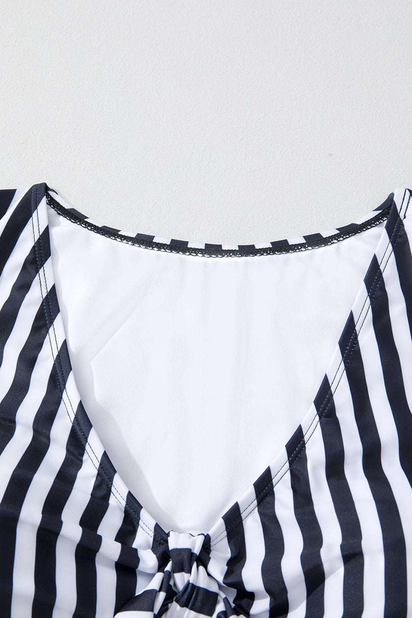 Black Stripe Plus Size Knot Cutout Ruffle Sleeve and High Waist Swimsuit Set