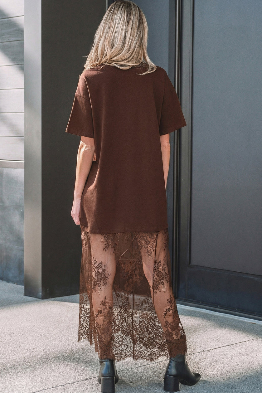 Black Floral Patchwork Short Sleeve T Shirt Loose Maxi Dress