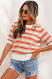 Purple Abstract Striped Knit Short Sleeve Sweater