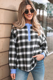 Black Contrast Striped Edge Half Placket Plaid Blouse