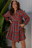 Red Plaid Print Frilly Collar Long Sleeve Shift Mini Dress
