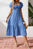Beige Ditsy Floral Print Smocked Square Neck Ruffle Short Sleeve Dress