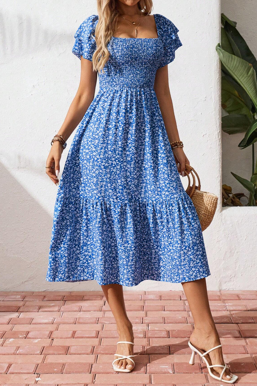 Beige Ditsy Floral Print Smocked Square Neck Ruffle Short Sleeve Dress