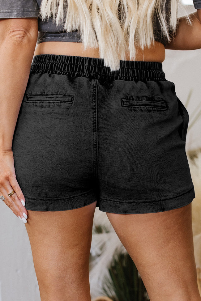 Black Drawstring Elastic Waistband Pocketed Denim Shorts