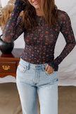 Dear Lover Black Floral Print Smocked Cuff Slim Fit Mesh Bodysuit
