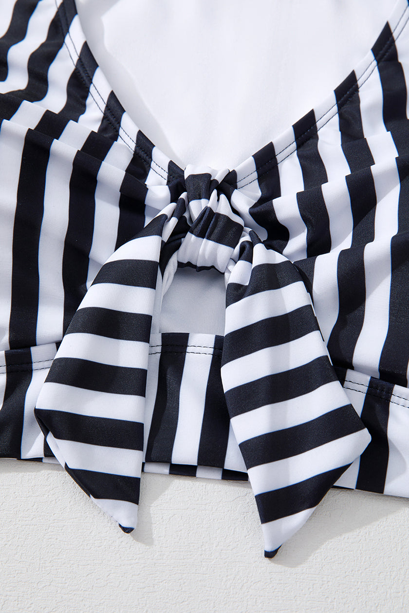 Black Stripe Plus Size Knot Cutout Ruffle Sleeve and High Waist Swimsuit Set