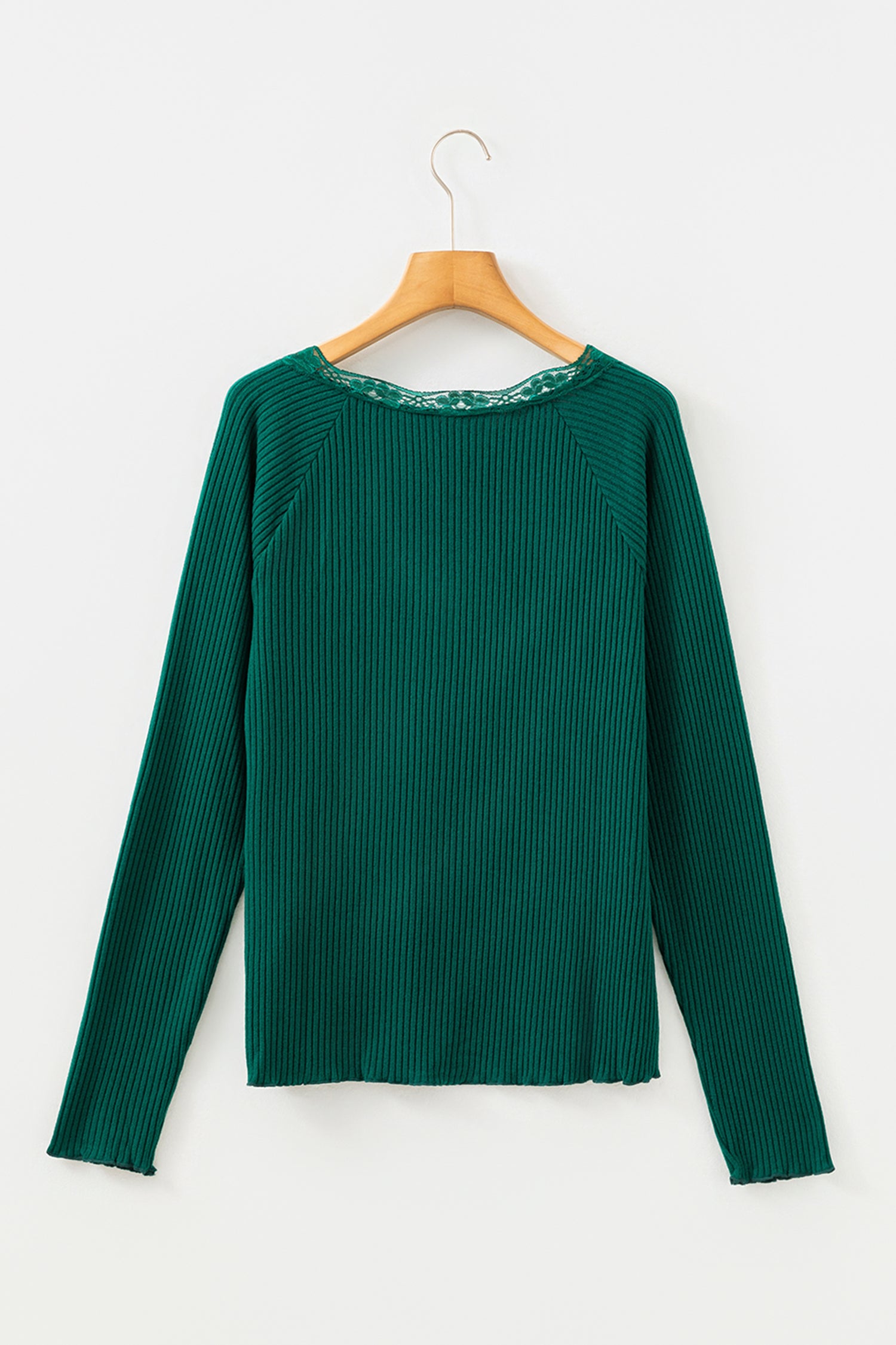 Black Lace Neckline Button Decor Lettuce Edge Long Sleeve Ribbed Top