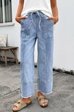 Beau Blue Drawstring Seam Detail Raw Hem Wide Leg Denim Pants