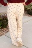 Apricot Bow Print Drawstring Elastic Waist Loose Corduroy Pants