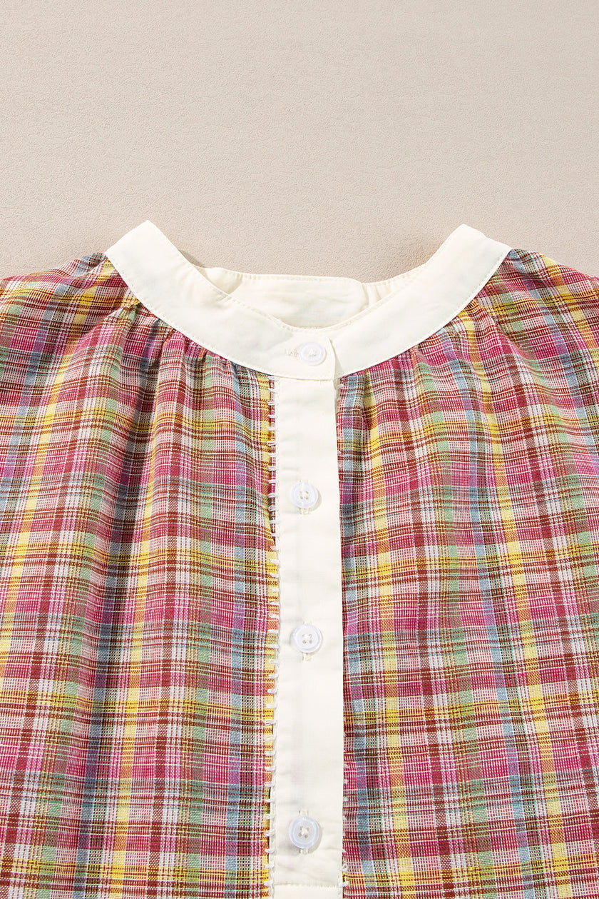 Ροζ μπλούζα Henley με καρό μοτίβο και σχέδιο patchwork