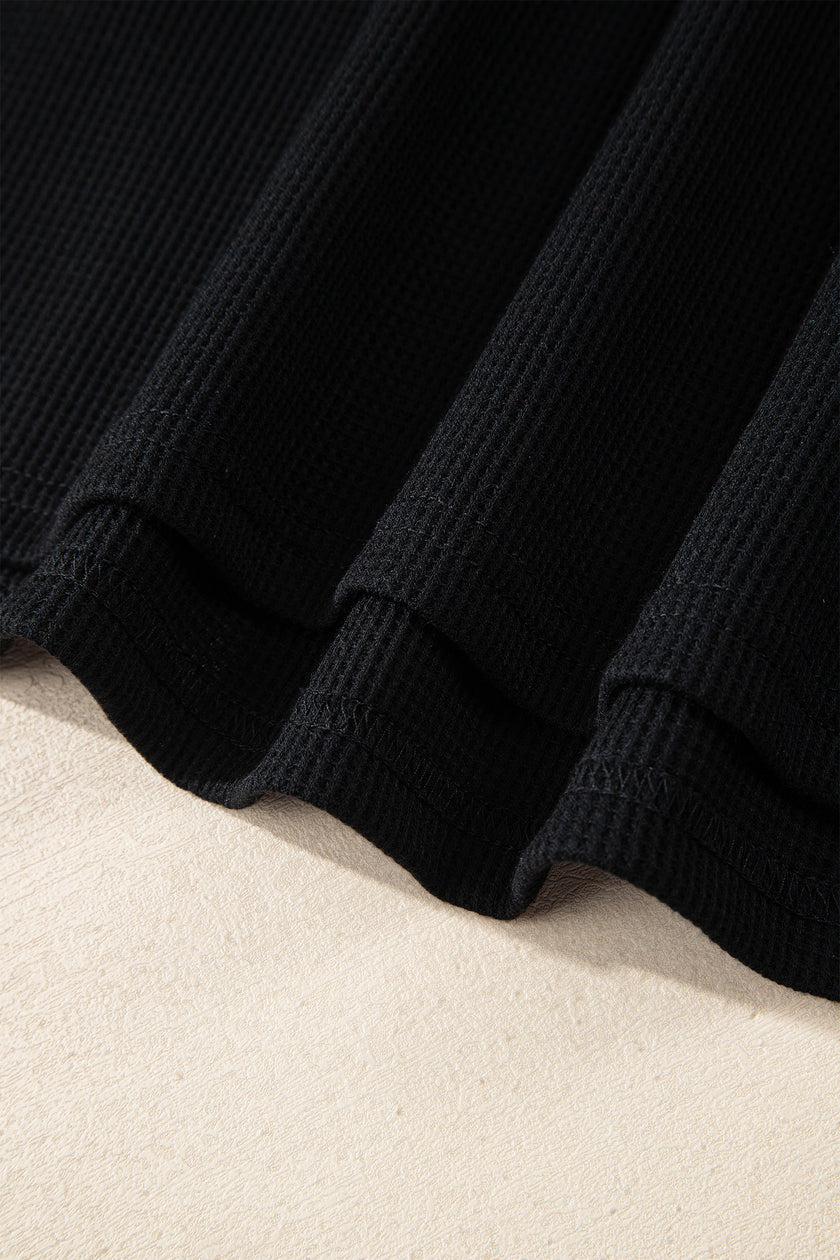 Black Waffle Knit Denim Contrast Trim Patchwork Button Polo Tee Dress