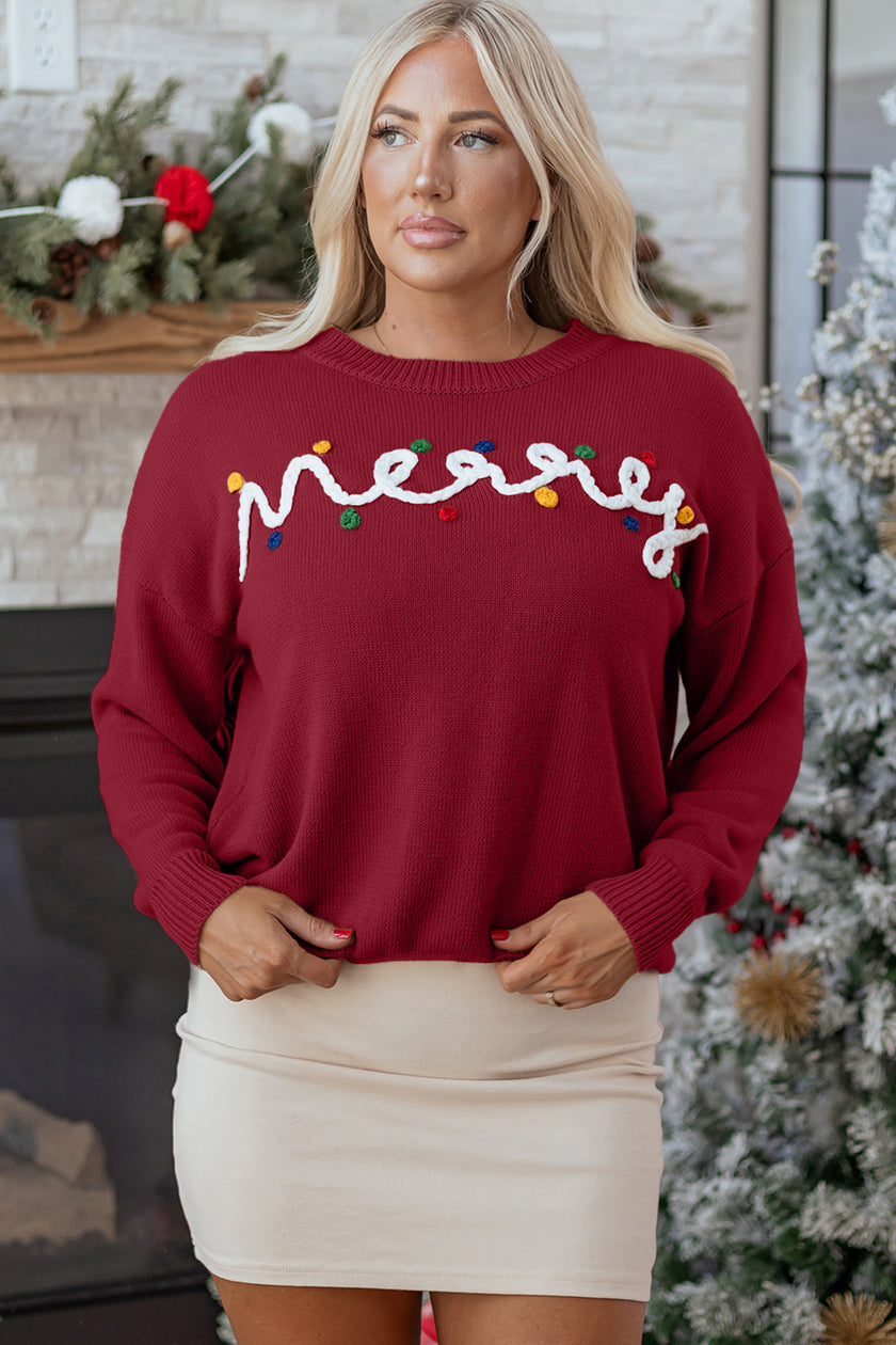 Smoke Gray Merry Colorful Dot Detail Christmas Drop Shoulder Sweater
