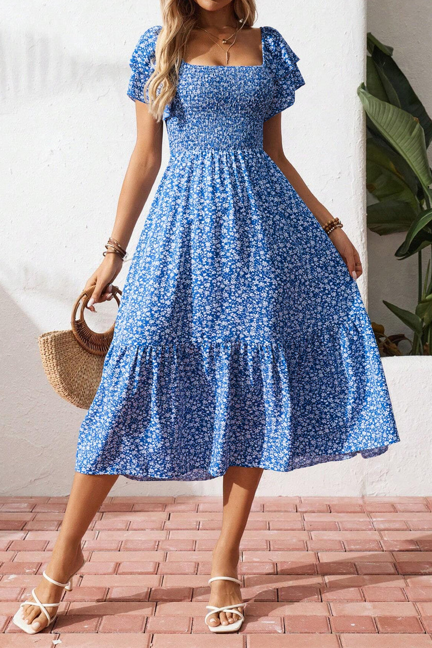 Beige Ditsy Floral Print Smocked Square Neck Ruffle Short Sleeve Dress
