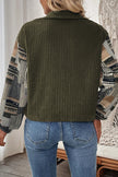 Jungle Green Ribbed Fleece Plaid Print Patchwork Button Up Jacket