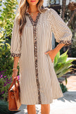 Khaki Stripe Square Button Leopard Trim Loose Bracelet Sleeve Shirt Dress