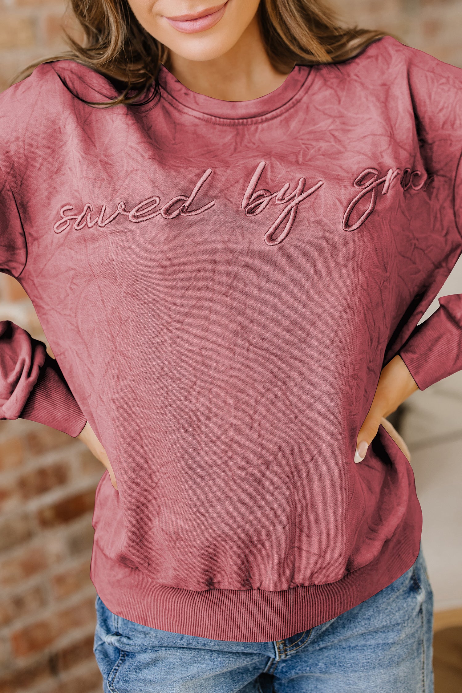 High-rise saved by grace Letter Embroidery Mineral Wash Loose Sweatshirt
