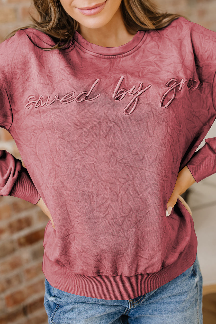 High-rise saved by grace Letter Embroidery Mineral Wash Loose Sweatshirt