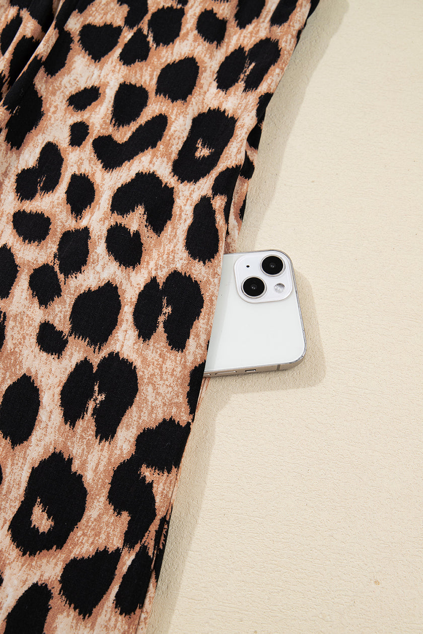 Brown Leopard Print Smocked Detail Flowy Midi Dress