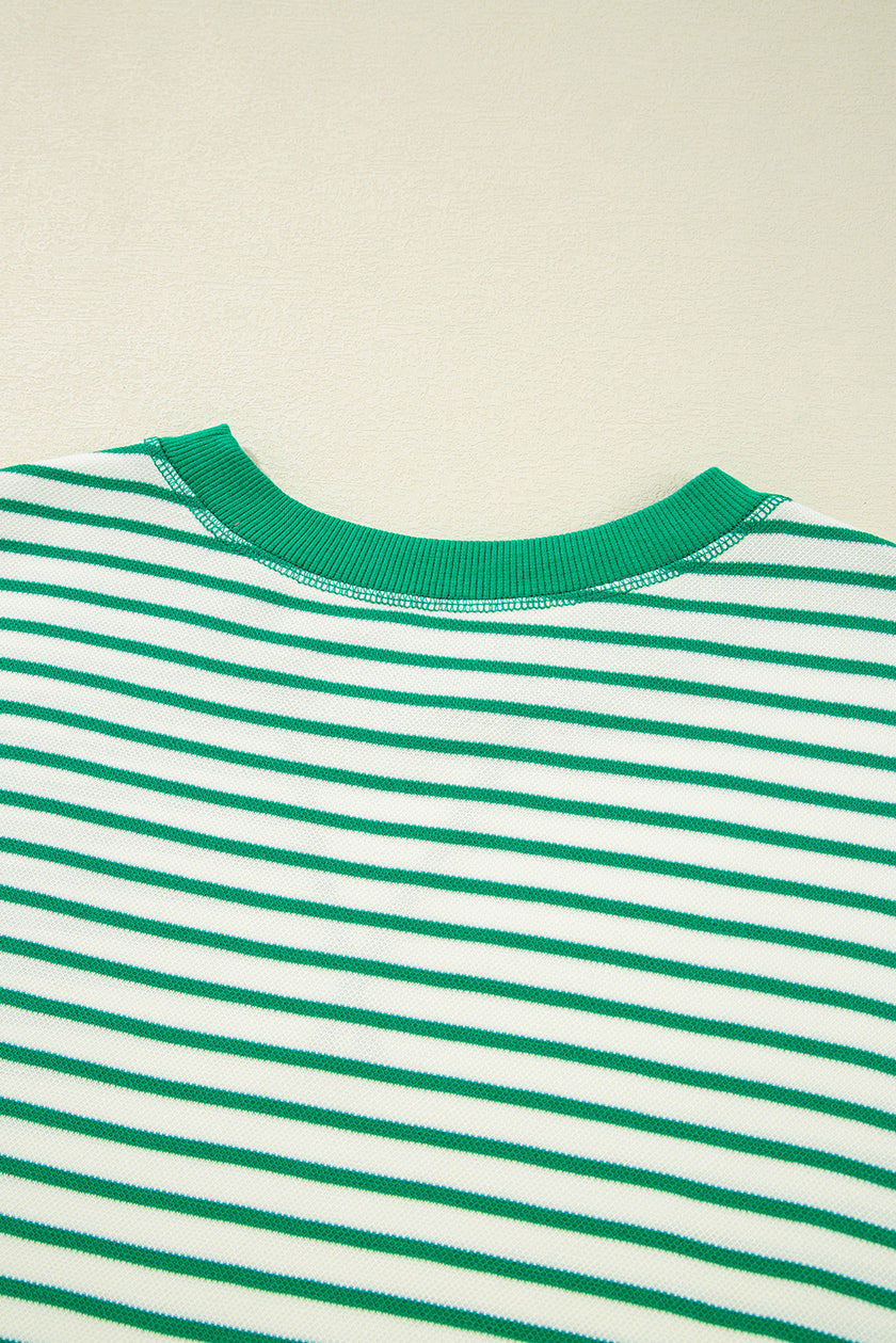 Bright Green Striped Exposed Seam Patchwork Loose Pullover Top